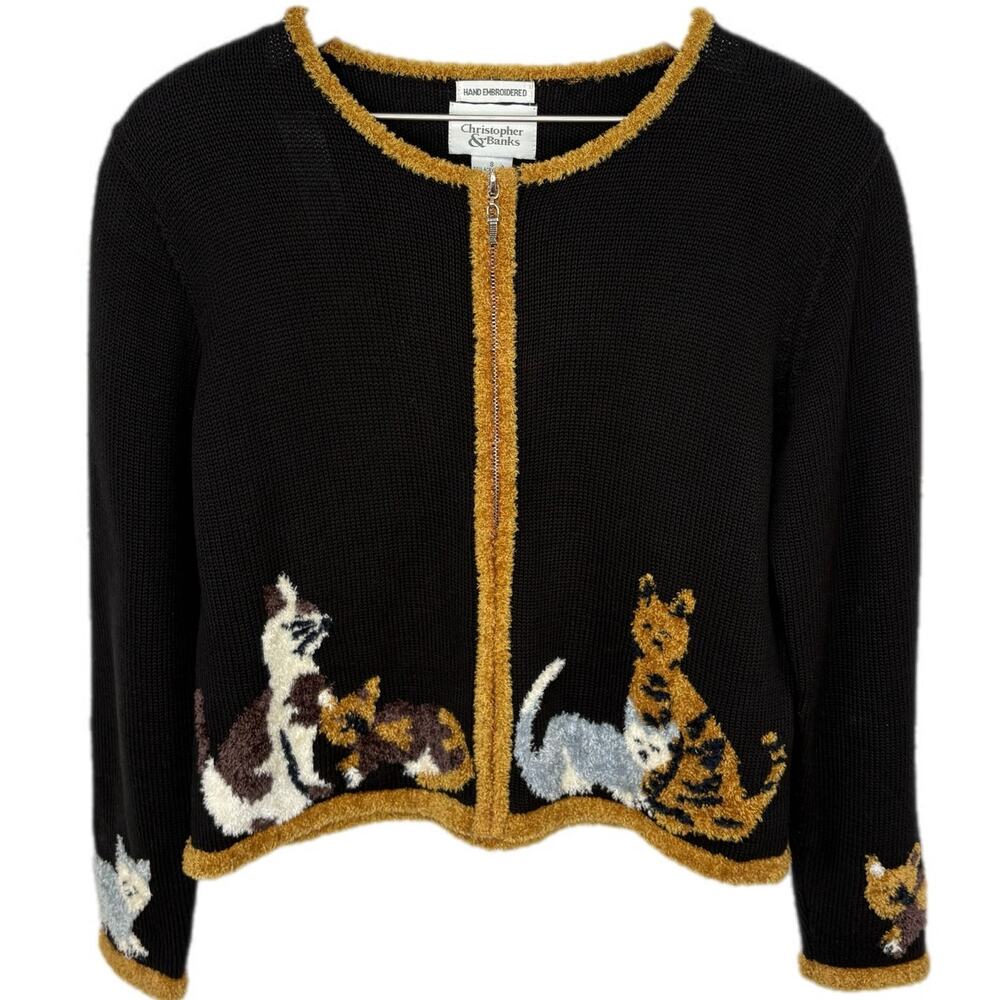Vintage Cats Hand Embroidered Zip Up Cardigan - Women's Size S